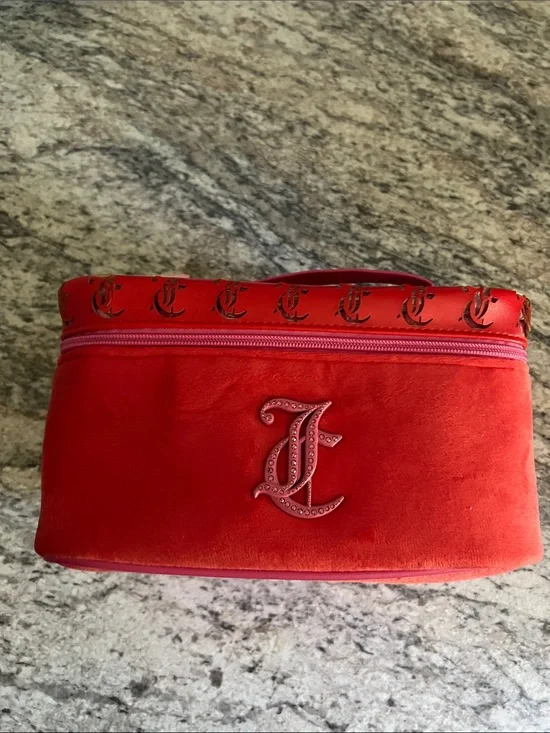 Orange Red Pink Velvet Cosmetic Case with Hard Embossed Monogram NWT
