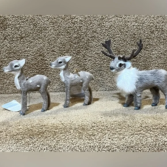 White Flocked Reindeer Lot of 3 Grey Christmas Ornaments Target Wondershop NEW