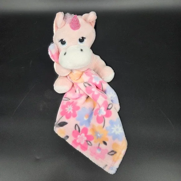 Little Beginnings Pink Unicorn Floral Plush Security Blanket Lovey Glitter Horn