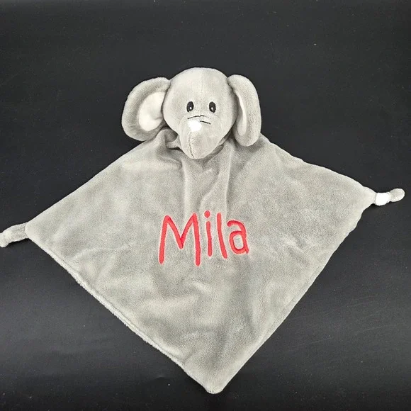 Grey Elephant Plush Security Blanket Lovey Personalized Mila Red Embroidery