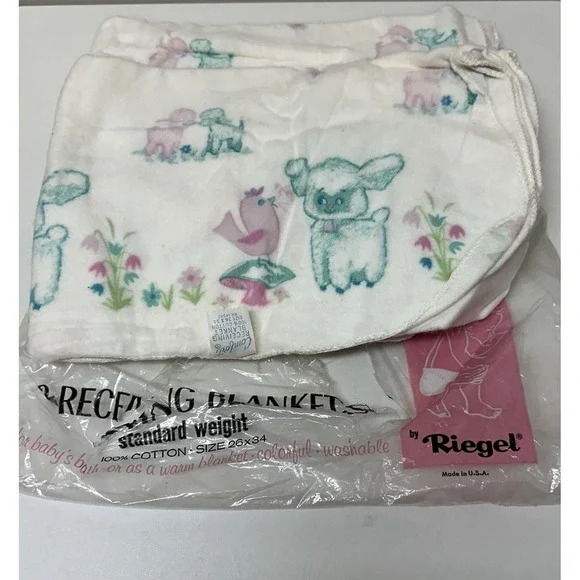 Vtg Riegel Comfort 100% Cotton Flannel Baby Receiving Blanket Bird Lamb NEW NOS