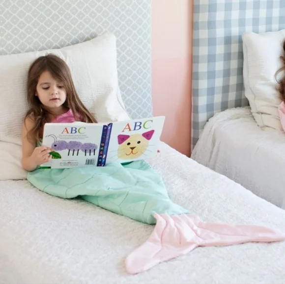 Whimsy Tails Mermaid Tail Blanket Green White Kids Girl Blanket Handmade USA