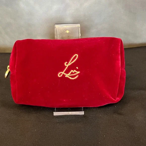 Lisa Eldridge Luxury Velour Cosmetic Bag Red Gold Logo Zipper‎ Pouch