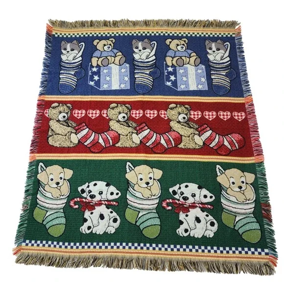 Vintage Christmas Woven Tapestry Throw Blanket Puppies Kittens Bears 57x48