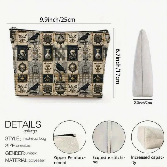 PRICE IS FIRM - Goth Raven Skull Quilt Block Pattern Cosmetic Bag