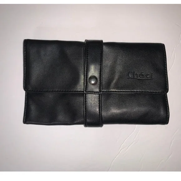 Checi Black Faux Leather Makeup Brush Roll Organizer Travel Case with Zipper