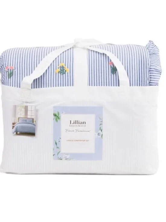Lillian August Floral Embroidered Blue Seersucker Comforter Set