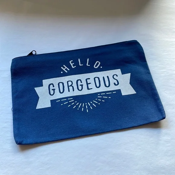 Blue cosmetic makeup bag zipper closure lightweight canvas NWOT hello gorgeous