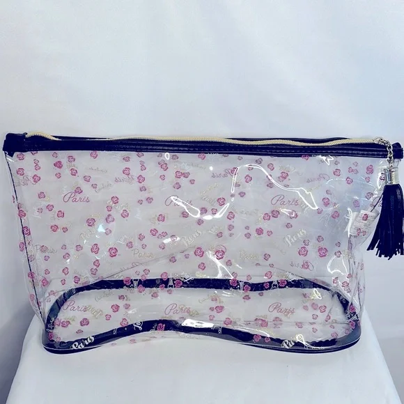 Clear cosmetic makeup bag with pink roses and Eiffel Tower gold hardware tassel