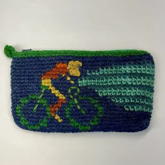 Handmade Wool Crochet Bag Pouch BoHo Zip Closure Lined Cycling Skiing Blue Green
