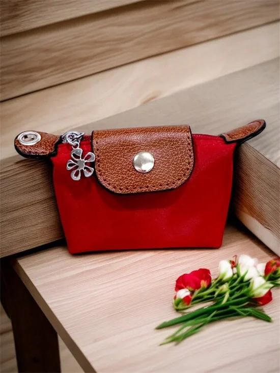Longchamp Style Canvas Red Women's Pouch Brown Leather Trim Silver Flower Charm
