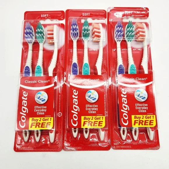 Colgate Classic Clean Toothbrush Soft 3‎ Packs of 3 Total 9 Brushes New Sealed
