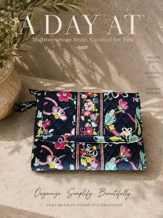 Vera Bradley Travel Cosmetic Organizer Navy Floral Quilted Makeup Case