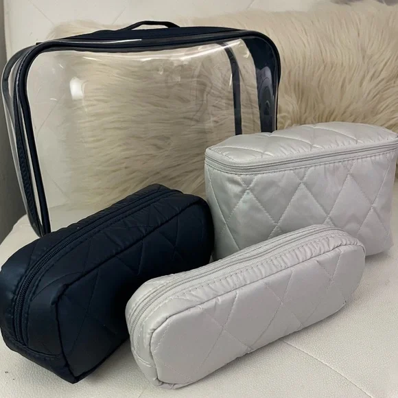 NWT Vera Bradley 4-Piece Quilted Cosmetics Makeup Travel Bag Set Navy Blue Gray