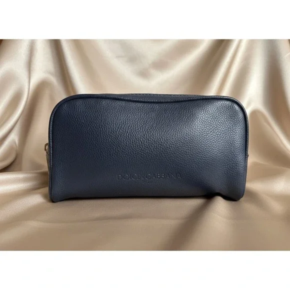 Dolce & Gabbana‎ Navy Cosmetic Bag Double Zip Pebbled Travel Makeup Case