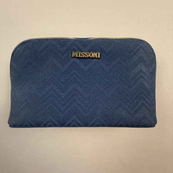 Missoni for Delta Navy Blue Zigzag Knit Amenity Pouch Cosmetic Travel Bag Gold