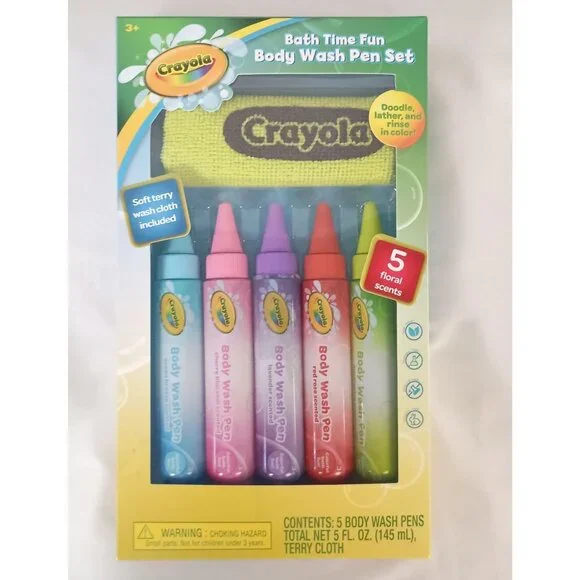 Crayola Bath Time Fun Body Wash Pens Set 5 Scented Pens + Washcloth NIB