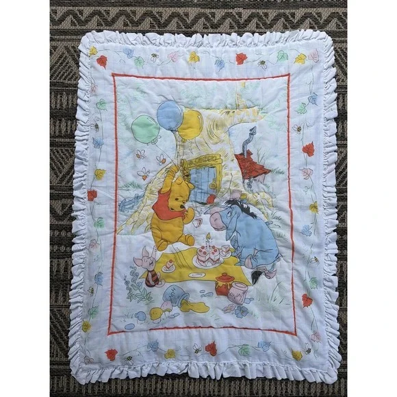 Vintage Winnie the Pooh Party Reversible Quilted Ruffle Trim Bed Crib Comforter