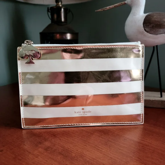 Kate Spade Gold Metallic Stripe PVC Makeup Pouch Cosmetic Bag