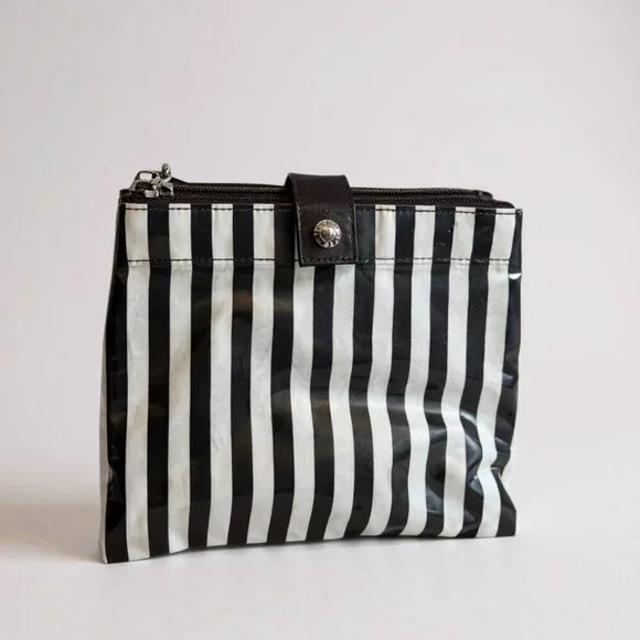 HENRI BENDEL iconic stripe Makeup Case Travel Cosmetic Bag clutch double sided