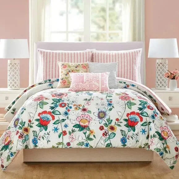 Vera Bradley KING Comforter Set Coral Floral Vibrant Reversible Preppy Stripe