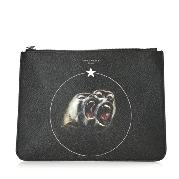 🌞GIVENCHY Coated Canvas Monkey Brother Print Large Zip Pouch Black