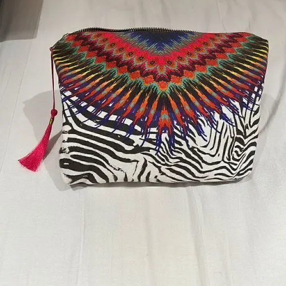 Pily Q zebra pattern bright swimsuit bag with tassel EUC