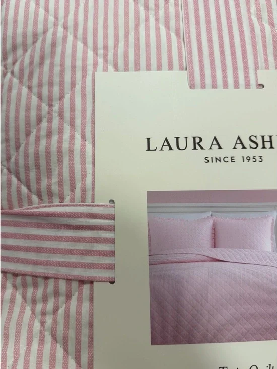 Laura Ashley Pink and White Oxford Striped Twin Quilt Set ~ Coquette