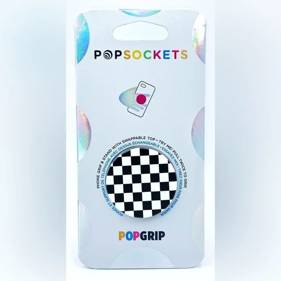 PopSocket PopGrip Phone Holder - Black & White Checkerboard Top NWT