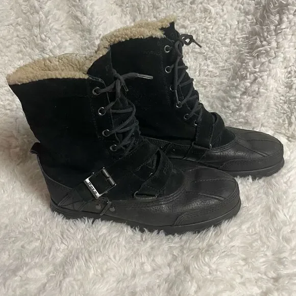 Polo Ralph Lauren Tavin Rollover Black Shearling lace up Boots Men’s SZ10D