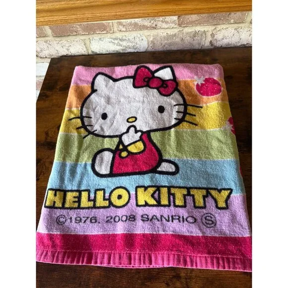 Vintage Hello Kitty Rainbow Striped Strawberry Print Bath BeachTowel By Sanrio