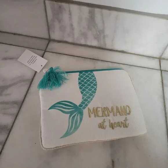 Mermaid At Heart Cream Turquoise Gold Zip Pocket Cosmetics Bag Pouch NEW