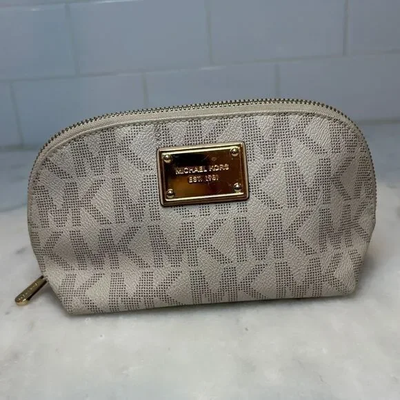 Michael Kors Cosmetic Bag Coated Canvas Signature Logo Travel Case