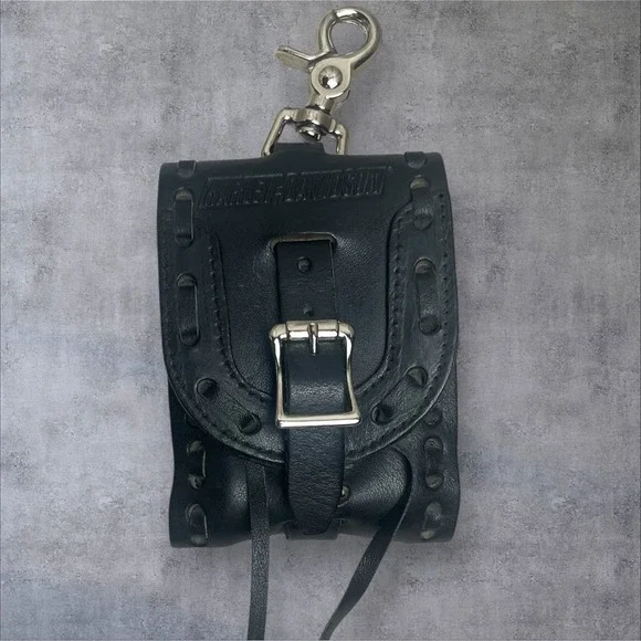 Vintage Harley Davidson Black Leather Utility Pouch Cigarette Case Swivel Hook