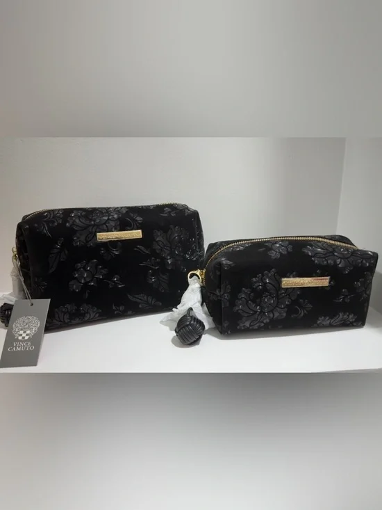 Vince Camuto Black Floral Cosmetic Pouch Duo with Gold Accents medium ,small bag