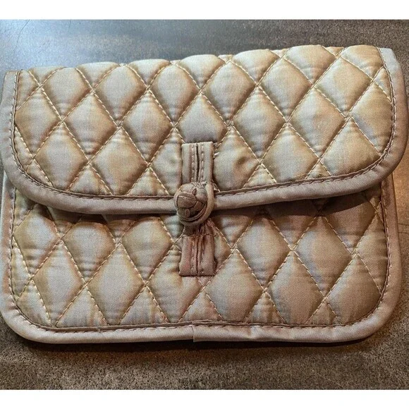Brighton Quilted Satin Mini Cosmetic Jewelry Padded Button Closure Womens