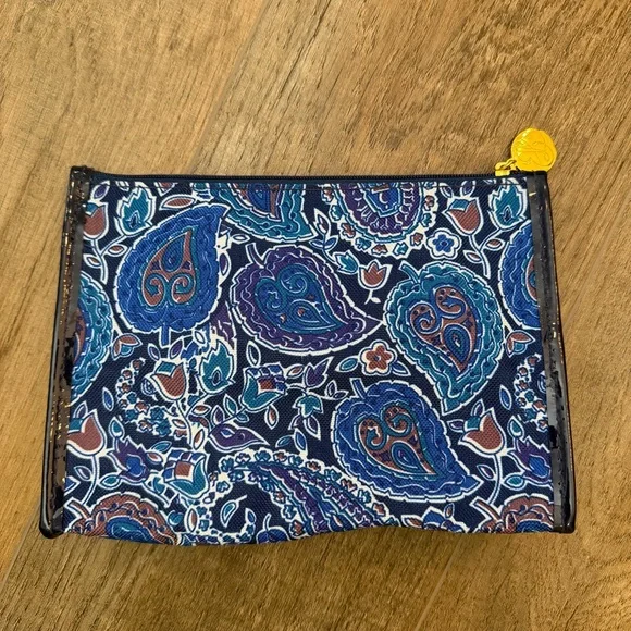 Estée Lauder Blue Paisley Patterned Pouch Cosmetic Bag Zipper‎ Gold Pull Tab