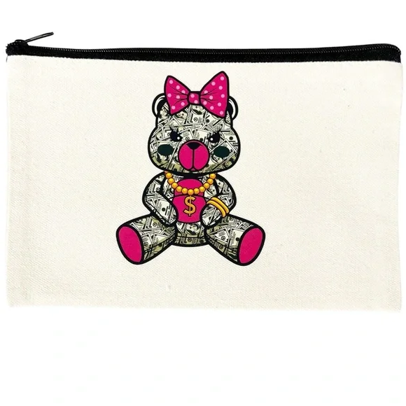 Money Bear Canvas Zipper Pouch – 8.3x5 in Multi-Use Makeup & Travel Bag