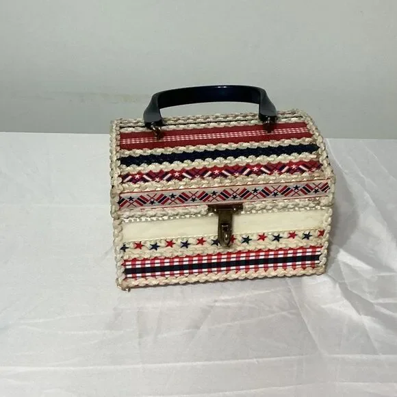 1978 Handmade Wooden Jewelry Box Purse Patriotic Decoupage Vintage Box Bag