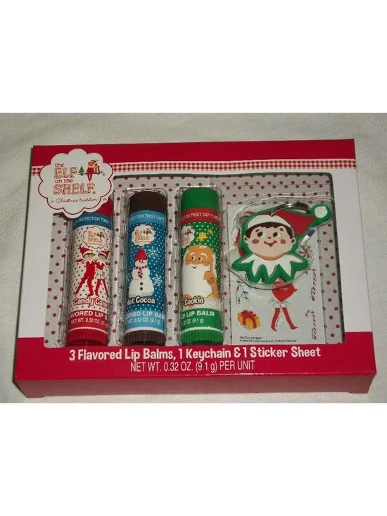 Elf on a Shelf Set 3 Flavored Lip Balm Moisturizer Chap Stick Keychain Stickers