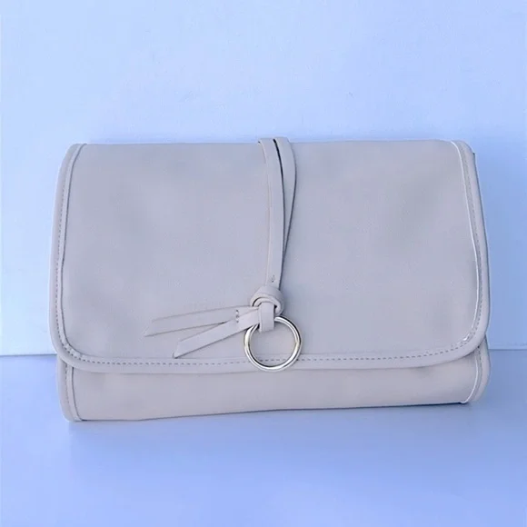 Lancome Faux Leather Tri - Fold Cosmetic Makeup Bag Train Case ~ Nude/Tan