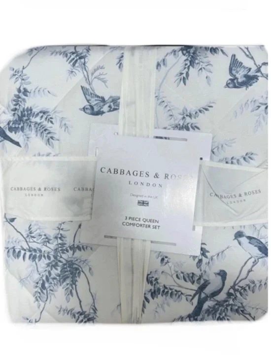 Cabbage & Roses Blue and White Etched Birds Queen Comforter Set 90”x90”