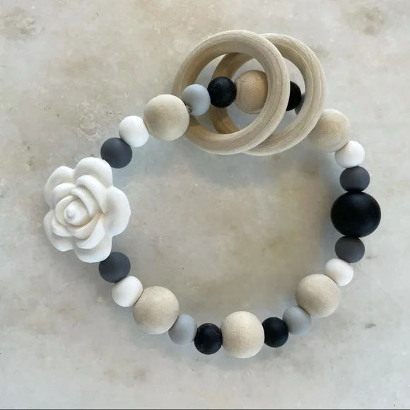 Natural wood and silicone rose beaded teether New