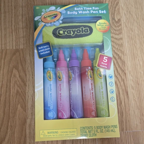Crayola Bathtub Body Wash Set 5 Pens Floral Scents+Terry Washcloth Kidscore Fun