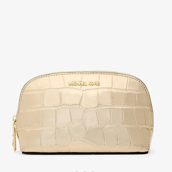 Michael Kors Empire Small Metallic Crocodile Embossed Leather Travel Pouch Pale