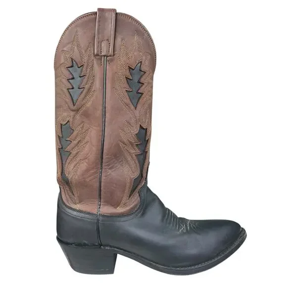 Vintage Dan Post Men’s Black Brown Leather Western Cowboy Boot Size US 9 D