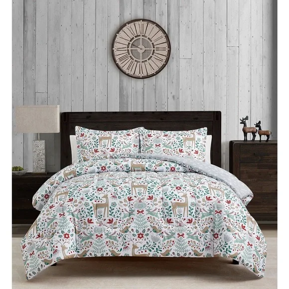 Sunham Holiday Deer 3PC Reversible Comforter Set-Full/Queen NEW🎄