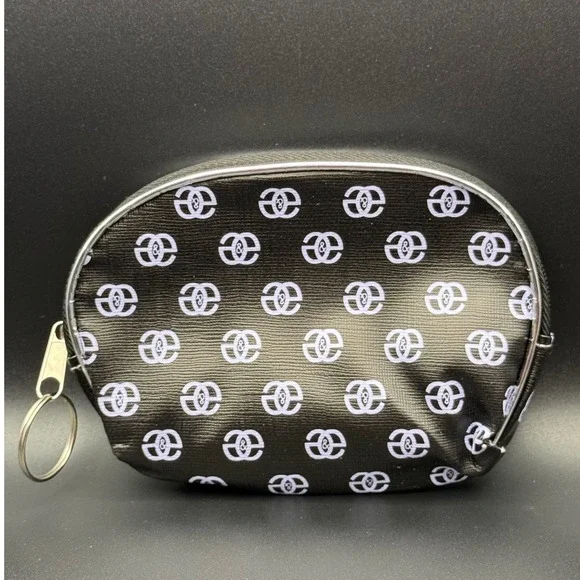 Black Cosmetic Bag with White Print‎ Zipper Pouch Keychain Ring