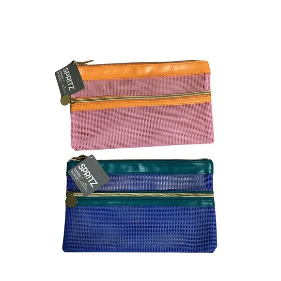 Spritz Mesh Zipper Pouch Set,‎ 2-Pack, Orange Pink Blue Green Makeup Bag
