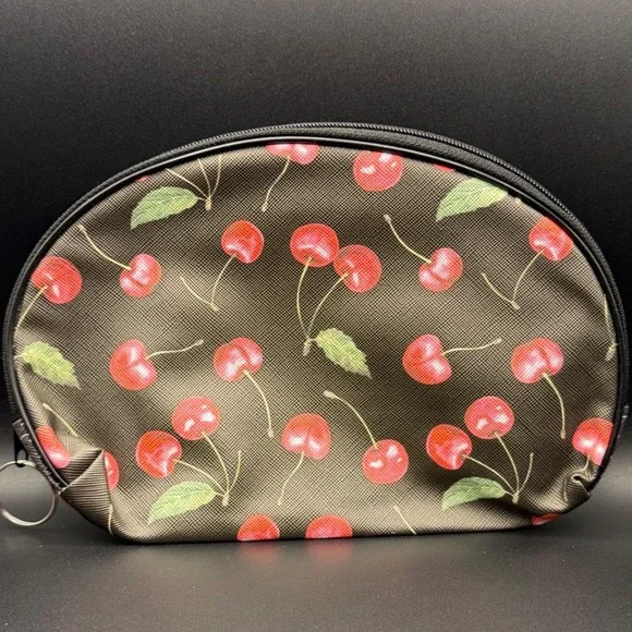 Cherry Print Cosmetic Bag‎ Black Red Fruit Pattern Makeup Pouch Zipper